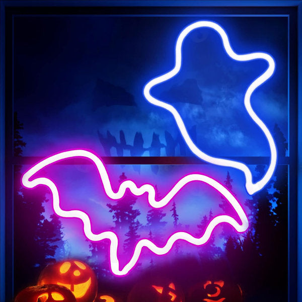 2 Pack Halloween Decoration LED Neon Sign Light, Ghost and Bat Lights Hanging Neon Signs for Halloween Parties, Indoor Home and Window Decorations,Battery-Operated