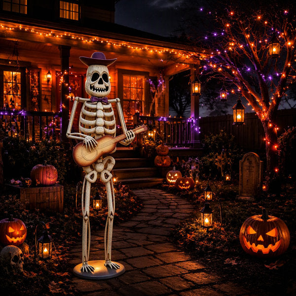 Halloween Skeleton Guitar Yard Decoration, 61.8 Inch Metal Skeleton Statue with Purple Hat and Bow Tie for Outdoor Porch, Lawn and Party Decor