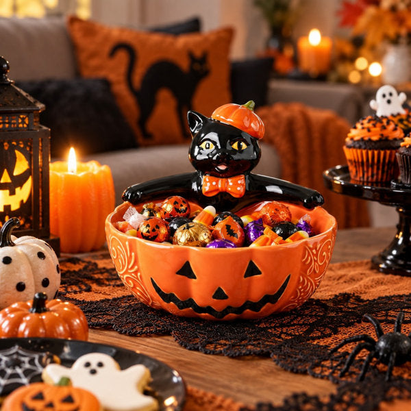 6.5" Ceramic Black Cat Halloween Candy Bowl with Pumpkin Details