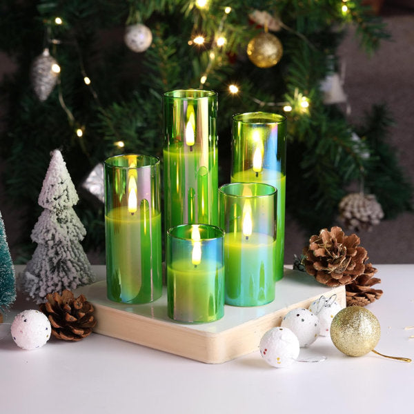 Green Glass LED Pillar Candles with Remote Batteries Set of 5 | Flickering Slim Tall LED Candles, Fireplace Home Table Shelf Décor