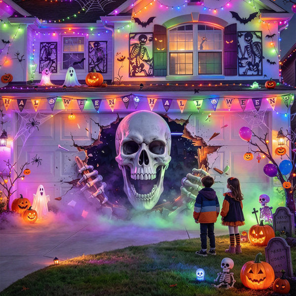 7 x 16 FT Halloween Garage Door Cover, for haunted house, photo booth, stage, storefront, yard and community Halloween event decorations